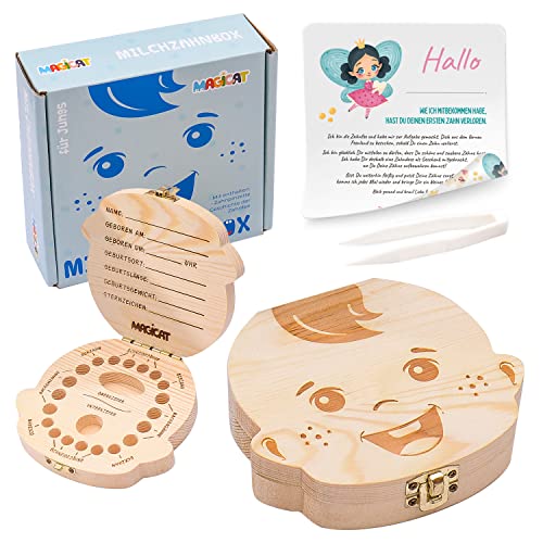 Magicat Scatola per denti da latte per bambini, in legno, per la conservazione di denti da latte, scatola regalo per compleanno o battesimo, con pinzette e fatina dei denti