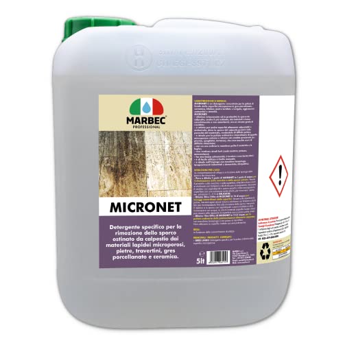 Marbec - MICRONET 5LT | Detergente specifico per la rimozione dello sporco ostinato da calpestio dai materiali lapidei microporosi, pietre, travertini, gres porcellanato e ceramica.