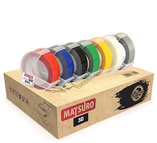 Matsuro Originale | Compatibili Nastri 3D Etichette a Rilievo Sostituzione per DYMO Etichettatrici, stampa bianca su nero blu rosso verde giallo chiaro argento (9 mm x 3 m | Confezione da 7)