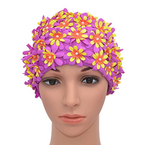 Medifier Cuffia da donna stile rétro con petali, motivo floreale, da piscina, Purple