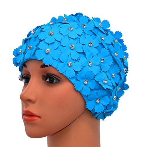 Medifier Cuffia da nuoto in stile rétro con strass e motivo floreale, da donna, donna, Light Blue, one size fit all