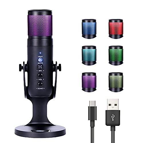 Microfono a Condensatore USB, con Luce d atmosfera a colori RGB-LED Ruotabile a 360° per Streaming, Registrazione, Podcasting, Trasmissione, Giochi, Live Streaming e Altro per PC & Smartphone