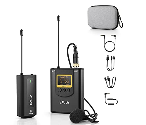 Microfono Lavalier Wireless per Smartphone iPhone Android Fotocamera- UHF Sistema Microfono Senza Fili con 1 trasmettitore +1 ricevitore per Podcast Studio Registrazione Videocamera Youtube - BALILA