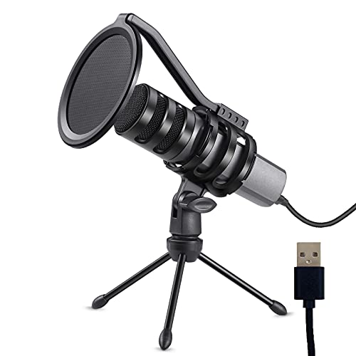 Microfono USB, microfono a condensatore in metallo per PC con supporto per treppiede, supporto per urti e filtro pop, cardioide Studio Registrazione Vocali, Live Streaming, Voice Overs, Home Studio