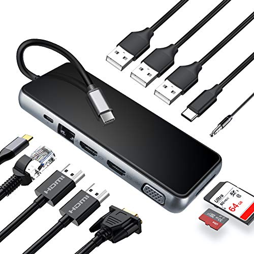 Miden Docking Station Hub USB C 12-in-1 Adattatore di Tipo C Triplo Display con Dual 4K HDMI, VGA, Ethernet, 3 USB 3.0, PD 3.0, Lettore di SD TF Dock USB C per Mac e dispositivi Tipo C(Thunderbolt 3)