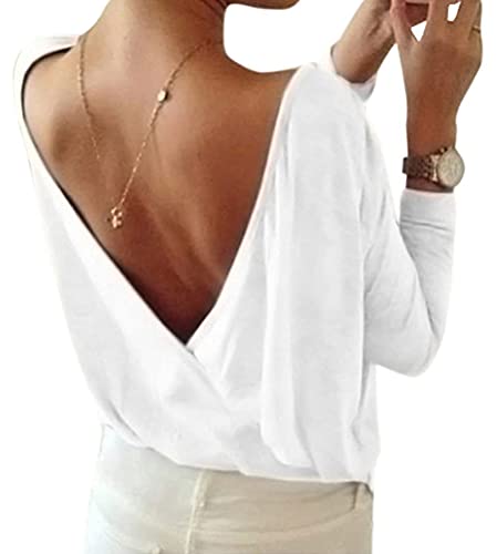 Minetom Donna Camicie Schiena Nuda Top Manica Lunga T-Shirt Indietro Scollo a V Camicetta Maglietta Pullover Maglie A Bianco 44