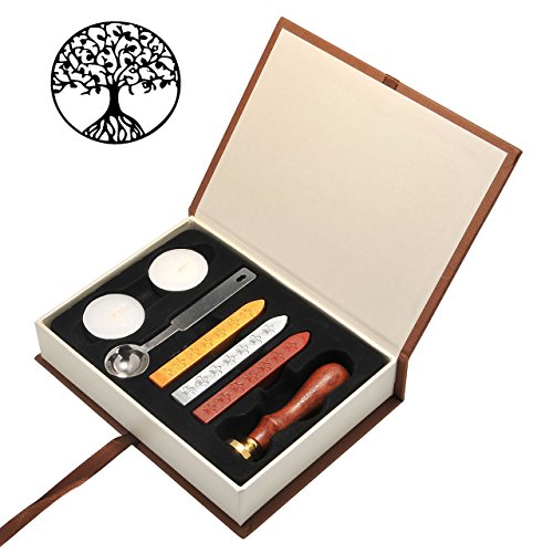 Mogoko Sigillo + 3*Ceralacca + Cera + Cera Stick Spoon Francobolli Vintage Kit per Lettera Personalizzata Timbri Personali IL MIGLIORE REGALO SET - Albero della Vita