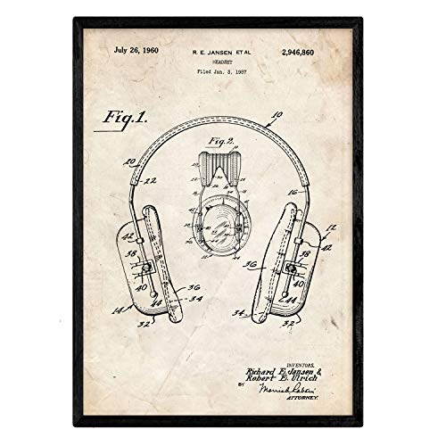 Nacnic Stampa artistica vintage su sfondo vintage brevetto cuffie audio. progetto cuffie sonore. musica e suoni. vecchi brevetti. vecchie invenzioni sonorità. 250 Grammi di Alta Qualità.