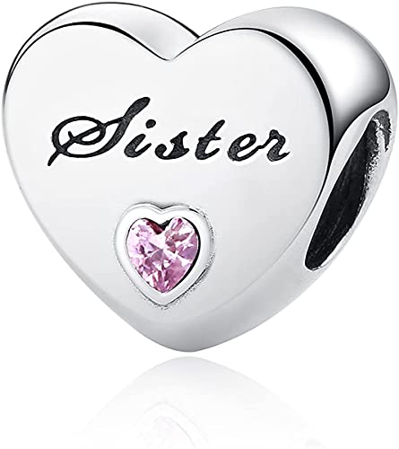 NINGAN Ciondoli in argento Sterling 925 con zirconia cubica rosa, per la sorella, compatibili con bracciali amore e amicizia (Sister s Love)