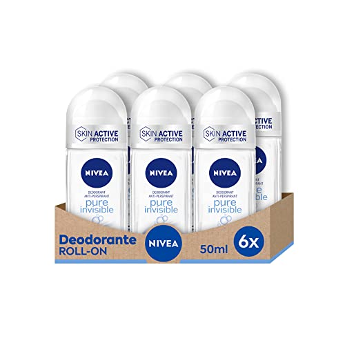 Nivea Pure Invisible Roll-On Deodorante in Confezione da 6 x 50 ml, Antitraspirante, Profumato Delicato, Regola la Traspirazione e non Lascia Residui