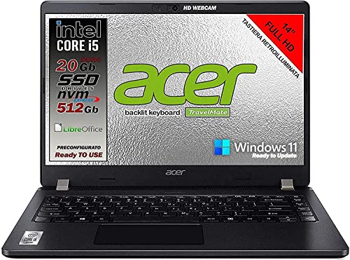 Notebook Acer pc portatile SSD, Intel 4 Core i5 10210U fino a 4,2 Ghz, RAM 20GB, SSD M.2 PCi 512GB, Display 14  Full HD, tastiera retroilluminata, 3 usb, wi-fi, hdmi, lan Win 10 pro, pronto all uso