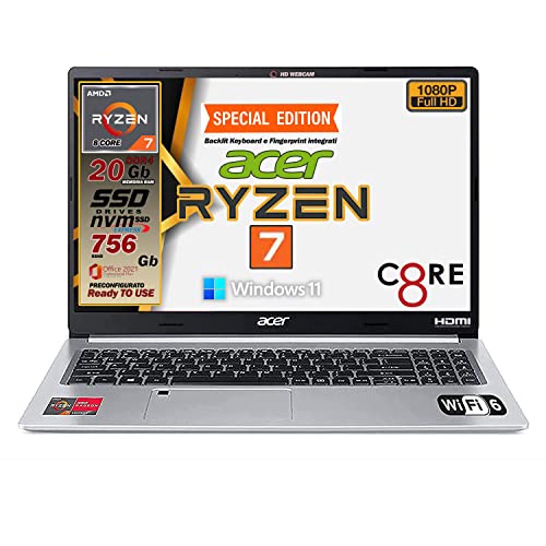 Notebook Acer portatile, Ryzen 7 5700U 8 CORE, RAM 20Gb, SSHD da 756 Gb, Display 15,6  Full HD, tastiera retroilluminata, Fingerprint, 4 usb, wi-fi 6, hdmi, lan, Win 11, Office Pro, Preconfigurato