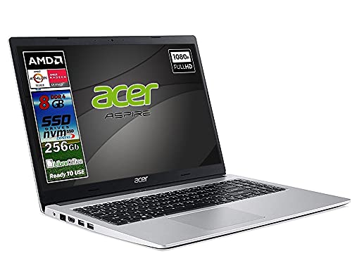 Notebook Acer Silver new Athlon 3050u, ram 8 Gb Ddr4, SSD M.2 PCi da 256Gb, Display Full Hd da 15,6 pollici, web cam, usb, hdmi, bt, Win10 Pro, Libre Office,Pronto all uso layout e Garanzia Italia