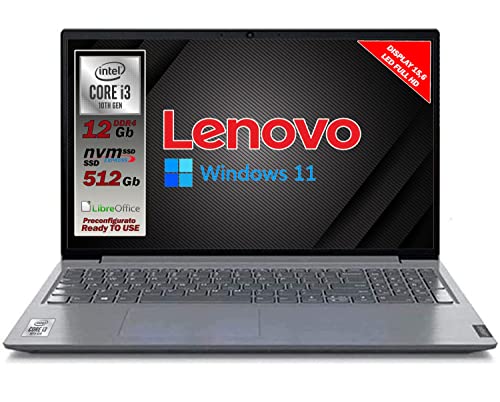 Notebook Lenovo SSD Cpu Intel Core I3 di 10Gen, Display Full Hd Led da 15,6  Ram 12Gb DDR4, SSD 512 Gb, Wifi, Webcam, Bt, Win11 Pro, Libre Office, Pronto All uso Gar. Italia 2 Anni