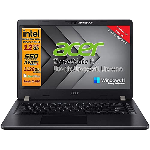 Notebook SSD Acer Intel Gold 6405U, RAM 12GB, dual DISK 1128 Gb , display 14  Full HD, 4 usb, wi-fi, hdmi, BT, webcam, Win 10 pro, Libre Office, Antivirus, Pronto all Uso, Garanzia e layout Italia