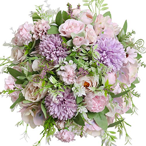 Nubry - 3 bouquet di fiori finti, motivo: peonia, hydrangea, crisantemo, in finta seta, con gambi, composizioni floreali, decorazione per matrimoni, utilizzabili come centrotavola (viola chiaro)