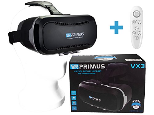 Occhiali VR VR-PRIMUS VX3 + telecomando, per smartphone. Compatibile con iPhone,Samsung Galaxy,HTC,Sony,LG,Huawei. Google Cardboard QR,Pulsante di controllo. Visore realtà virtuale con Controller