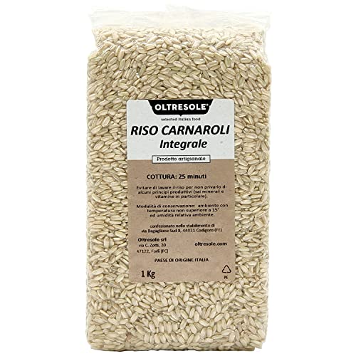 Oltresole - Riso Carnaroli Integrale Italiano 1 Kg - riso coltivato nel ferrarese, non raffinato, basso contenuto calorico alta quantità di fibre, ideale per insalate e risotti, confezione sottovuoto