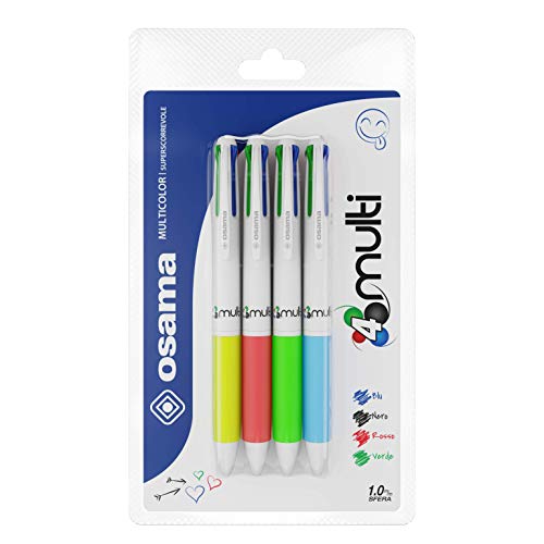 OSAMA 4 MULTI Penna a sfera quattro colori, pack da 4 penne con Grip FLUO