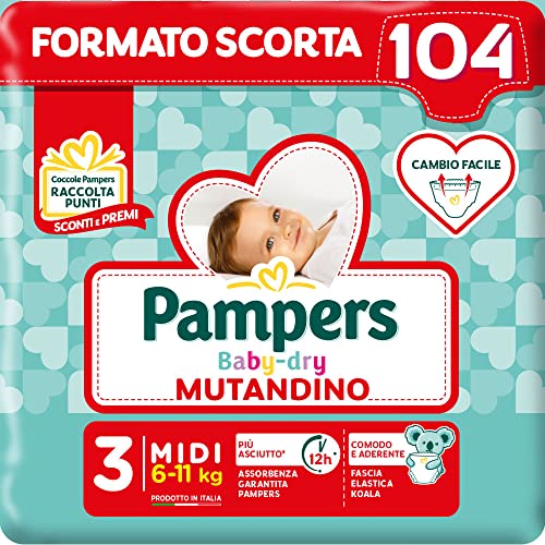 Pampers Baby Dry Mutandino Midi, 104 Pannolini, Taglia 3 (6-11 Kg)...