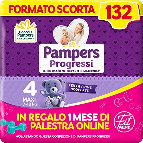 Pampers Progressi & Fit Prime Maxi, Formato Scorta, 132 Pannolini, Taglia 4 (7-18 Kg), 1 mese di palestra online in omaggio