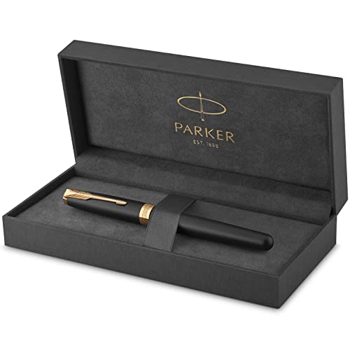 PARKER Sonnet Penna Stilografica, Laccatura di Colore Nero Opaco con Finiture in Oro, Pennino Sottile, Confezione Regalo