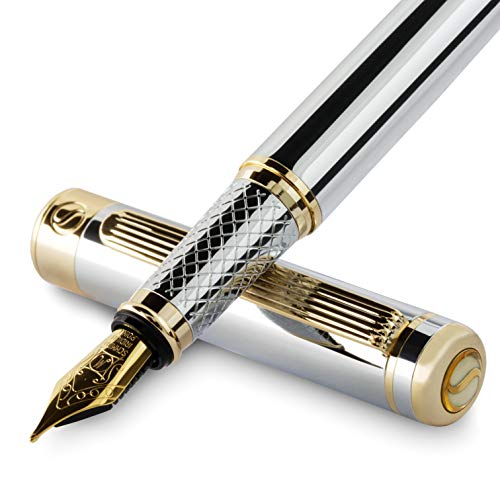 Penna stilografica Scriveiner qualità premium - Penna stilografica mozzafiato con finitura in oro 24 carati, pennino dorato Schmidt 18 carati (medio), argento cromato