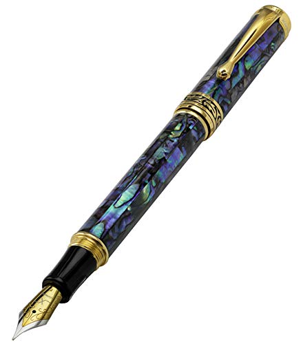 Penna stilografica Xezo Maestro, pennino fine. Conchiglia in abalone naturale con placcatura in oro 18K. Artigianale, serializzato, non ce ne sono due uguali
