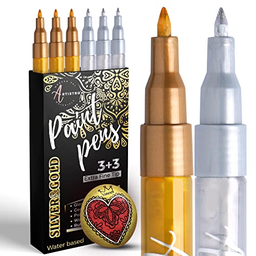 Pennarelli Artistro (confezione da 6) Set di 3 pennarelli per vernice acrilica oro e 3 argento Punta extra fine 0,7 mm