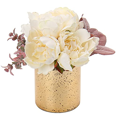 Peonia fiori artificiali in vaso di peonia finti fiori per decorazione di casa e ufficio, fiore artificiale peonia con vaso di vetro mercurio disposizione per centrotavola da tavolo, crema