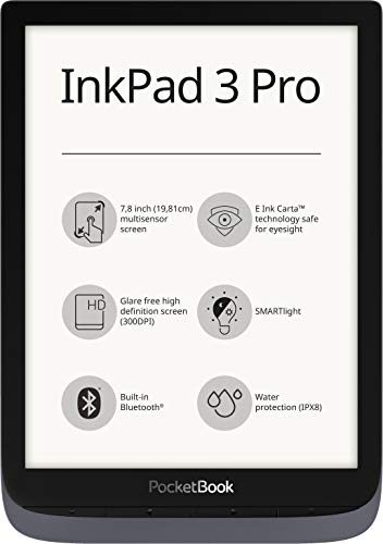 PocketBook, InkPad 3 Pro, reader e-Book, 16 GB di memoria, display E-Ink Carta da 7,8 pollici (19,8 cm), SMARTlight, Wi-Fi, IPX8, colore: grigio metallizzato