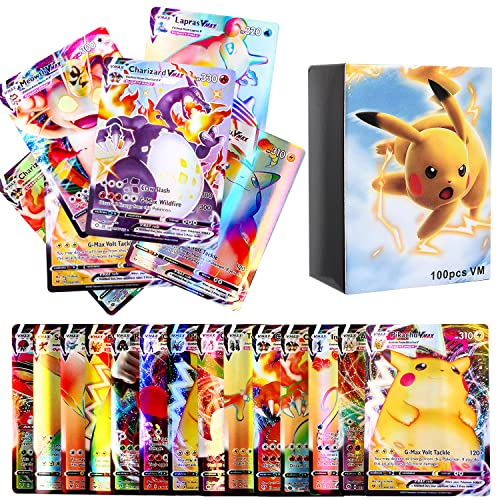 Pokemon Carte, 100 Pezzi Pokemon Carte VMAX Collezionabili, 2022 Nuove Oro Arcobaleno Pokemon Carte Rare da Collezione, Puzzle Game Scambio Cards Bambini Regali- Non Originale
