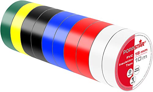 Poppstar - 10x 10m Nastro isolante universale (nastro sigillante in PVC - nastro adesivo), per isolamento - riparazione di conduttori elettrici (18mm di larghezza), colorati