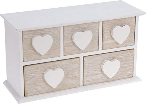 Portagioie piccolo in legno con 5 cassetti, con cuore in legno bianco, cofanetto portagioie