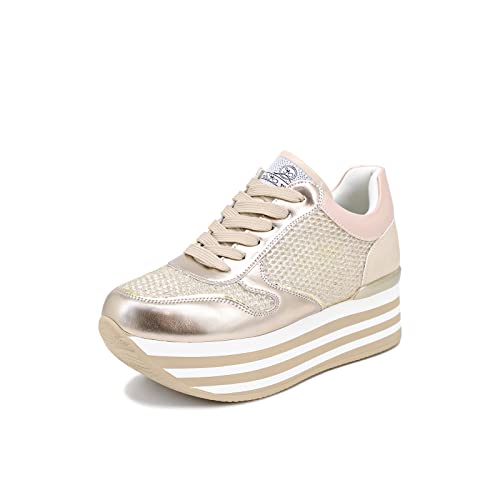 QUEEN HELENA Sneakers Alte Scarpe da Ginnastica Platform con Zeppa Stringate Casual Donna X24-28 (Oro, Numeric_37)