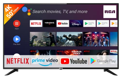 RCA RS50U2 Smart TV 50 pollici (127 cm) Android TV 4K con Dolby, DHR, Google Assistant, Netflix, Chromecast, Prime Video, Google Play Store, Disney+, BT remote, Wifi, Triple Tuner (DVB-C T2 S2)