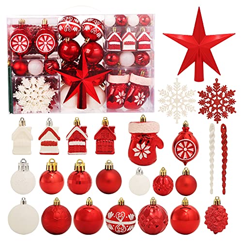 ROSELEAF - Set di decorazioni per albero di Natale, 130 palline infrangibili e stella per albero di Natale e per feste di nozze, colore: rosso e bianco
