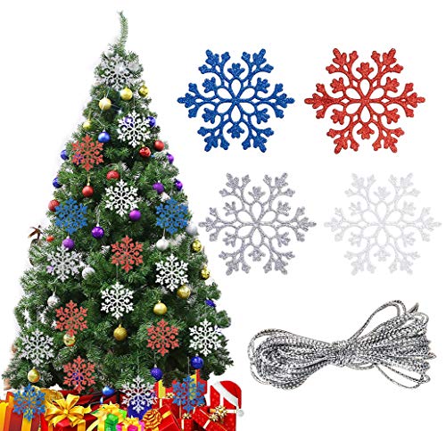 RSVOM - Decorazioni per albero di Natale, 24 fiocchi di neve da appendere, con cordino, colore rosso, blu, argento, bianco, glitter, per decorazioni natalizie