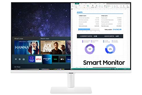 Samsung Smart Monitor M5 (S27AM503), Flat 27 , 1920x1080 (Full HD), Piattaforma Smart TV (Amazon Video, Netflix), Airplay, Mirroring, Office 365, Wireless Dex, Casse Integrate, WiFi, HDMI, Bianco
