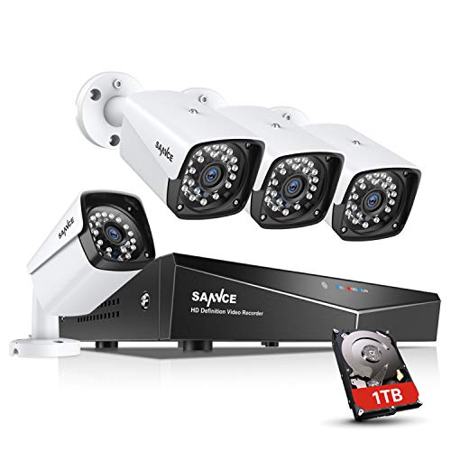 SANNCE Kit sorveglianza Sistema di Sicurezza 4 Canali 5MP Kit Telecamera Videosorviglianza POE IP66 NVR Visione Notturna per Sicurezza della Famiglia 1TB HDD