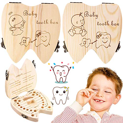 Scatola per denti da latte, 2 PCS scatola per conservare i denti in legno con borsa, fialetta e pinzette per bimbi e bimbem (Ragazzi & Ragazza)