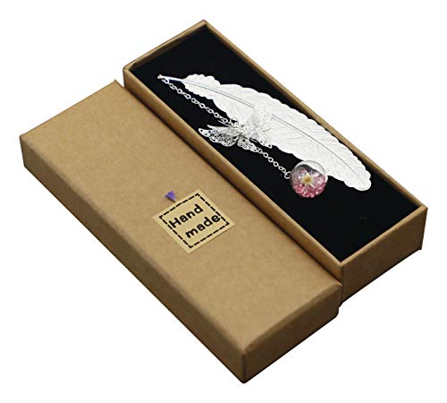 Segnalibro in metallo con piuma 3D farfalla e perline di vetro Eternal Dry Flower Ciondolo ideale per lettore, donna e bambini (piuma d argento viola fiore bianco)