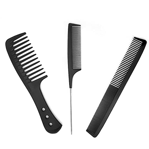 Set di 3, barbiere Antistatico Carbon Fiber comb, salone di parrucchiere ampio dente pettine, per uomini e donne, fibra di carbonio resistente al calore, pettine di coda in acciaio inossidabile (nero)