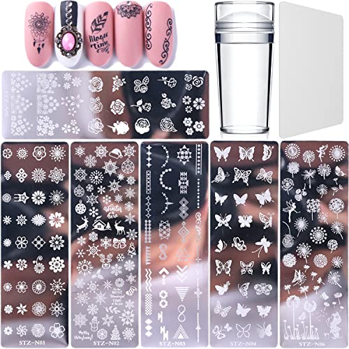 Set di 6 piastre per nail art, con 1 timbro trasparente, 1 raschietto, strumento per nail art, strumento per nail art per donne e ragazze