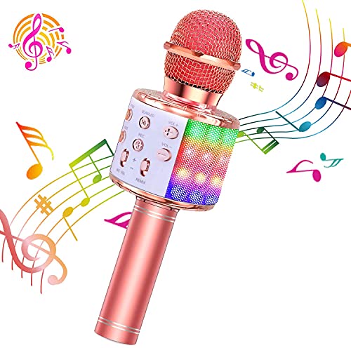 ShinePick Microfono Karaoke, 4 in 1 Bluetooth Wireless LED Flash Microfono Portatile Karaoke Player con Altoparlante per Android iOS, PC e Smartphone(Oro Rosa)