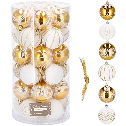 Springos - Palline per albero di Natale, 30 pezzi, Ø 7 cm, ornamenti, infrangibili, tema tradizionale, decorazione natalizia (oro, bianco)