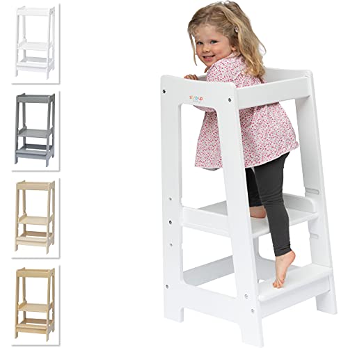 Stepup Baby Montessori Learning Tower Supporto per cucina, gradini regolabili per bambini con binario di sicurezza, legno massello, bianco