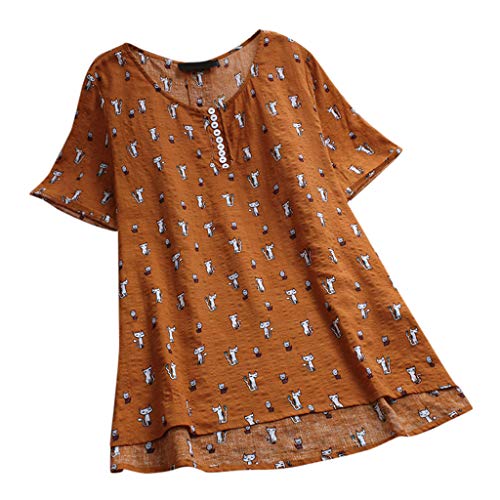 T Shirt Donna Camicetta con Bottoni Blusa Manica a 3 4 con Stampa Gatto Irregolare Vintage Maglietta Elegante Tunica Donna (XXL,2- Arancia)