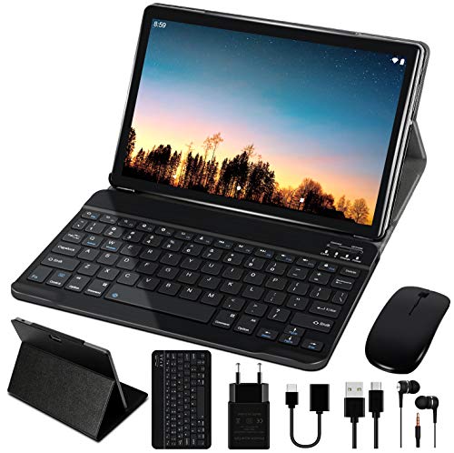 Tablet 10 Pollici WiFi + Doppia SIM LTE con 4GB RAM + 64GB ROM, Doppia Fotocamera 5MP + 8MP, Batteria 8000mAh, Bluetooth, AGPS, Android 10, SD TF 128GB, con Custodia, Tastiera e Mouse, Grigio