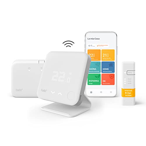 tado° Kit Base – Termostato Smart Wireless V3+ – Termostato wifi digitale per caldaia + Sensore di temperatura + Supporto – Cronotermostato – Gestione via app – Funzioni Smart Home Alexa e Siri
